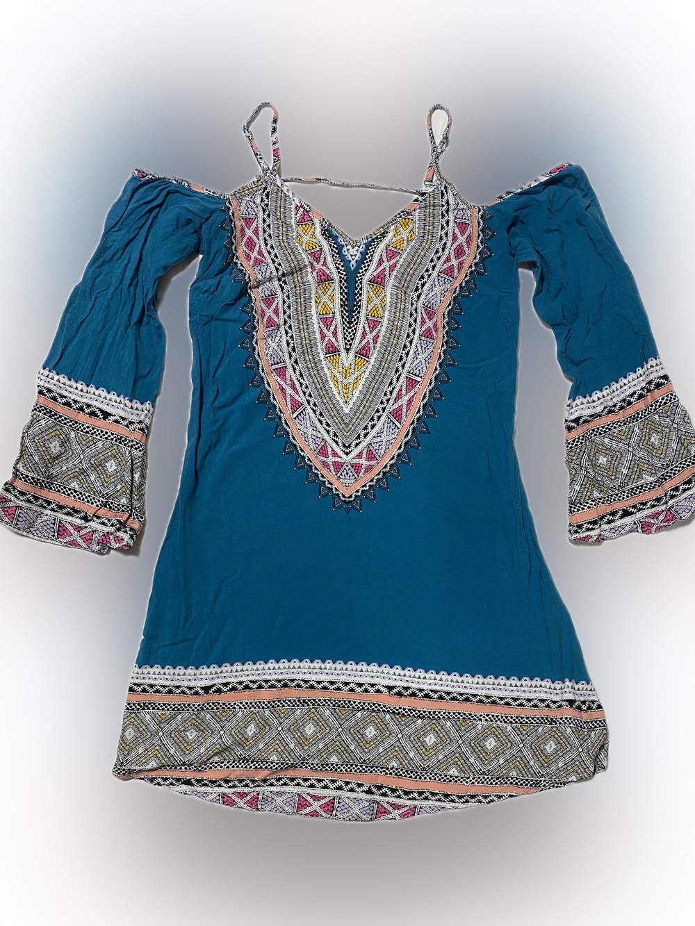 Boho Teal Cold-Shoulder Tunic Top